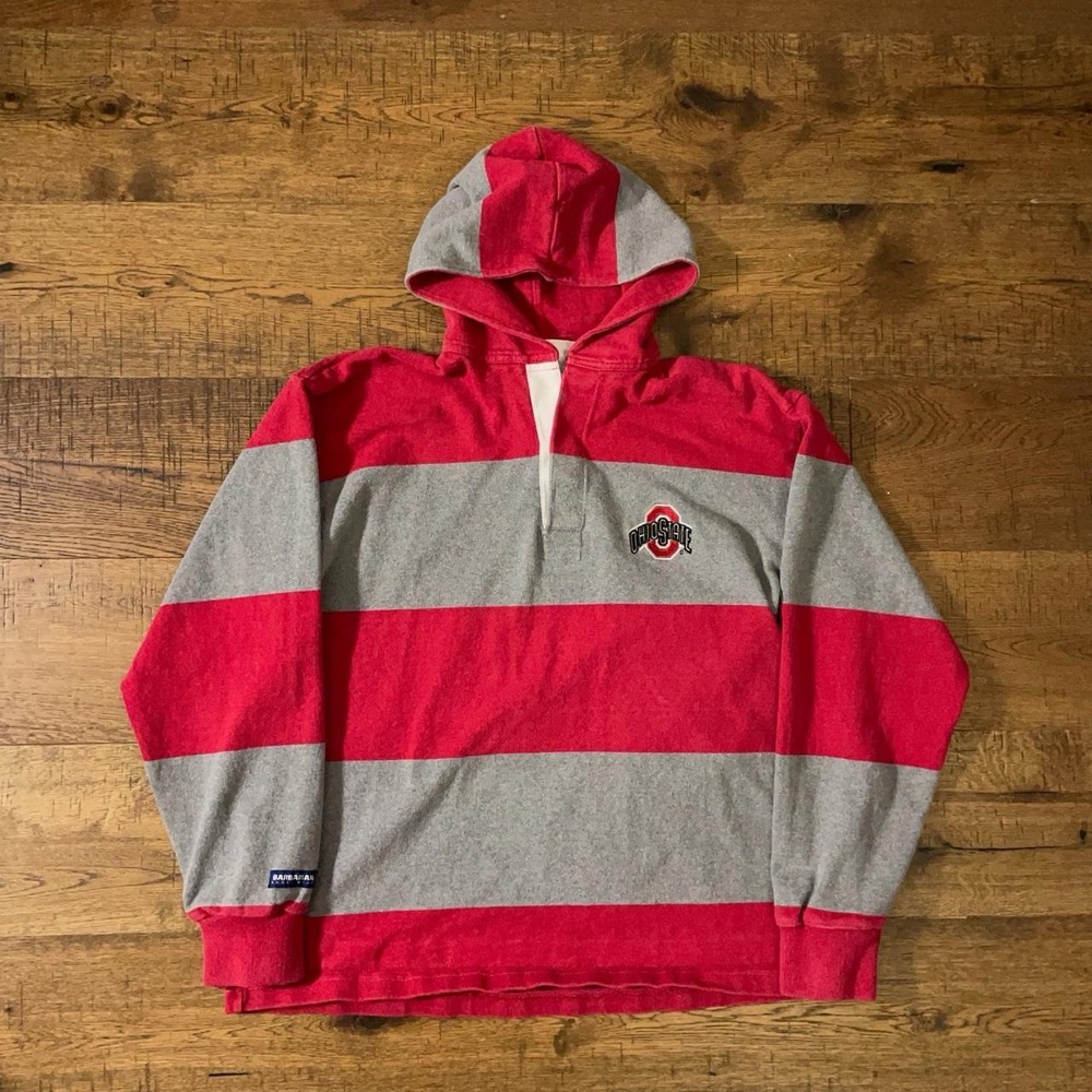 Barbarian Rugby Hoodie Mens L Red Grey Collegiate Ohio State Striped Heavyweight